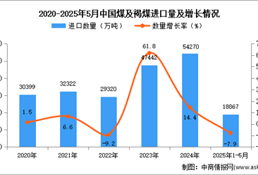 2025年1-5月中國煤及褐煤進(jìn)口數(shù)據(jù)統(tǒng)計分析：進(jìn)口量18867萬噸