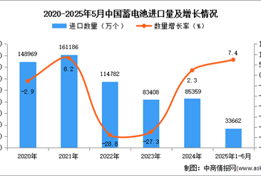 2025年1-5月中國(guó)蓄電池進(jìn)口數(shù)據(jù)統(tǒng)計(jì)分析：進(jìn)口量33662萬個(gè)