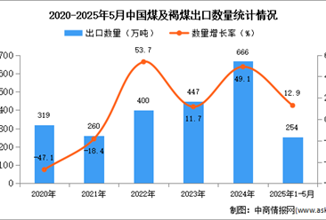 2025年1-5月中國煤及褐煤出口數(shù)據(jù)統(tǒng)計(jì)分析：出口量同比增長12.9%