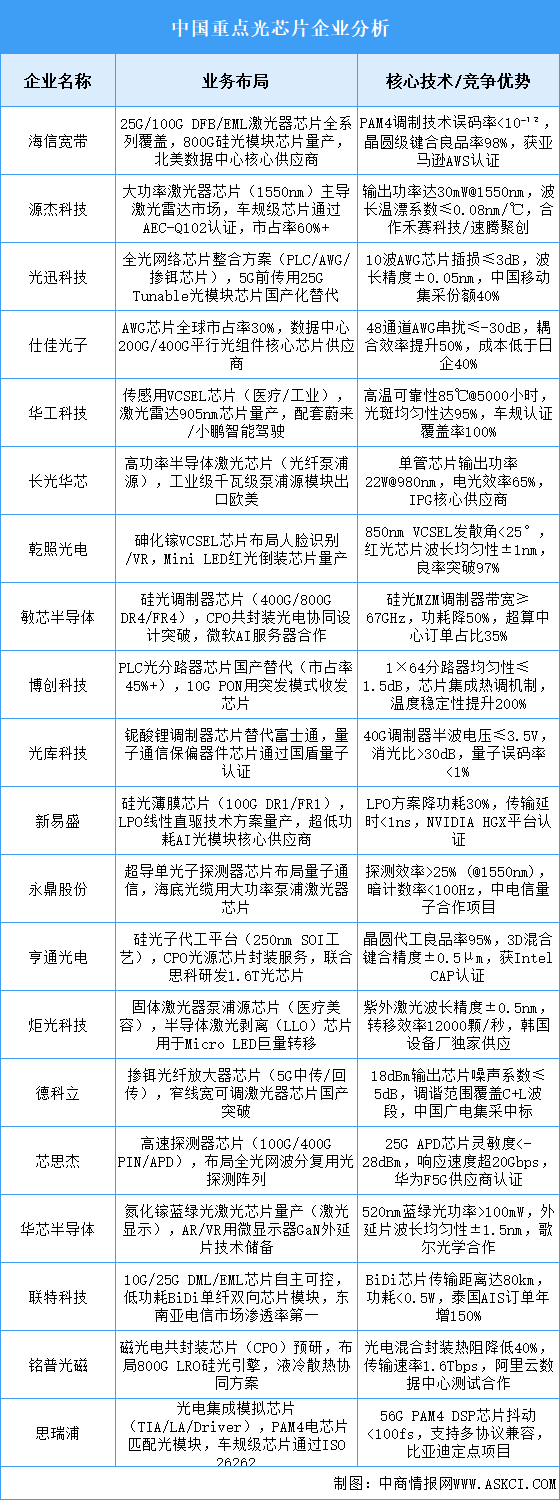 2025年中國(guó)光芯片重點(diǎn)企業(yè)業(yè)務(wù)布局預(yù)測(cè)分析（圖）