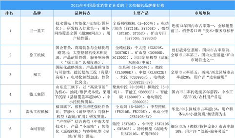 2025年中国最受消费者喜爱的十大挖掘机品牌排行榜（附榜单）