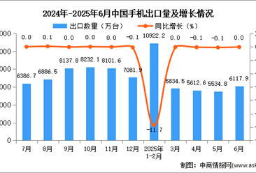 2025年6月中国手机出口数据统计分析：出口量6117.9万台