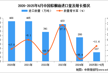 2025年1-6月中国棕榈油进口数据统计分析：进口量107万吨