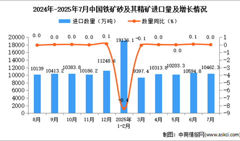 2025年7月中国铁矿砂及其精矿进口数据统计分析：进口量10462.3万吨