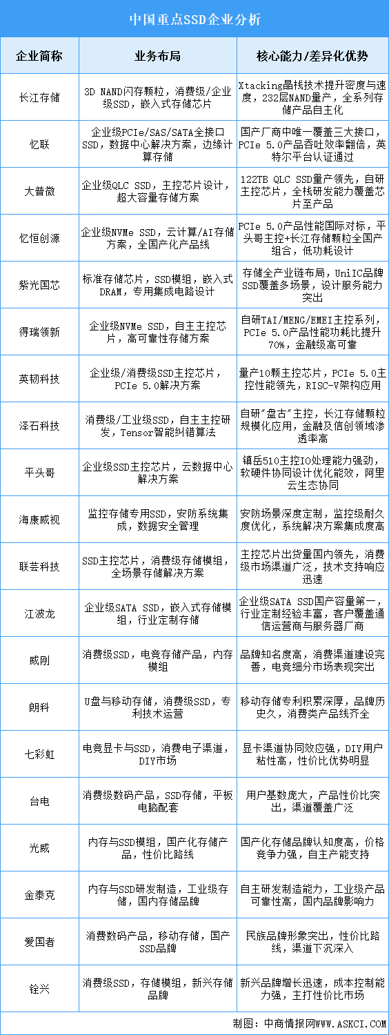 2025年中國SSD重點(diǎn)企業(yè)業(yè)務(wù)布局分析（圖）