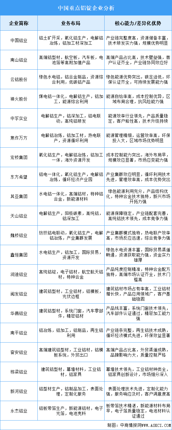 2025年中國鋁錠重點(diǎn)企業(yè)業(yè)務(wù)布局分析（圖）
