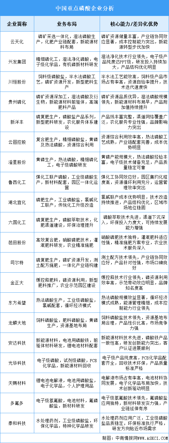 2025年中國磷酸重點企業(yè)業(yè)務(wù)布局分析（圖）
