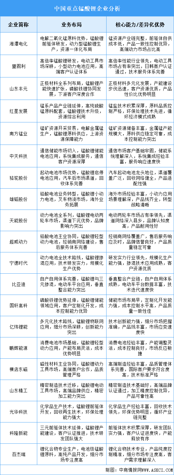 2025年中國錳酸鋰重點企業(yè)業(yè)務(wù)布局分析（圖）