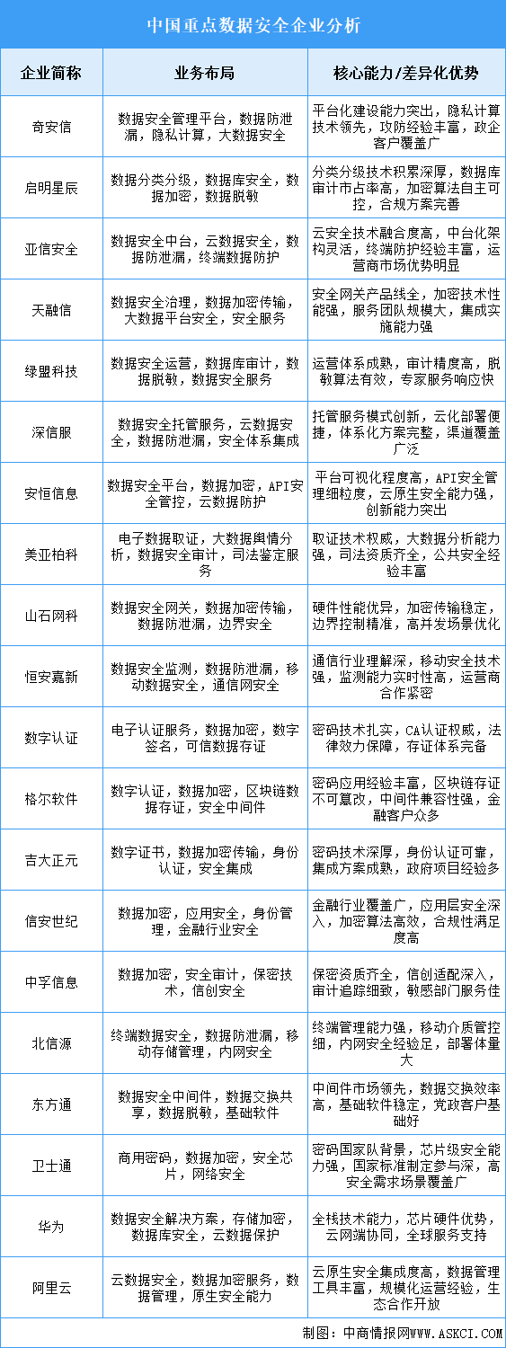 2025年中國(guó)數(shù)據(jù)安全重點(diǎn)企業(yè)業(yè)務(wù)布局分析（圖）