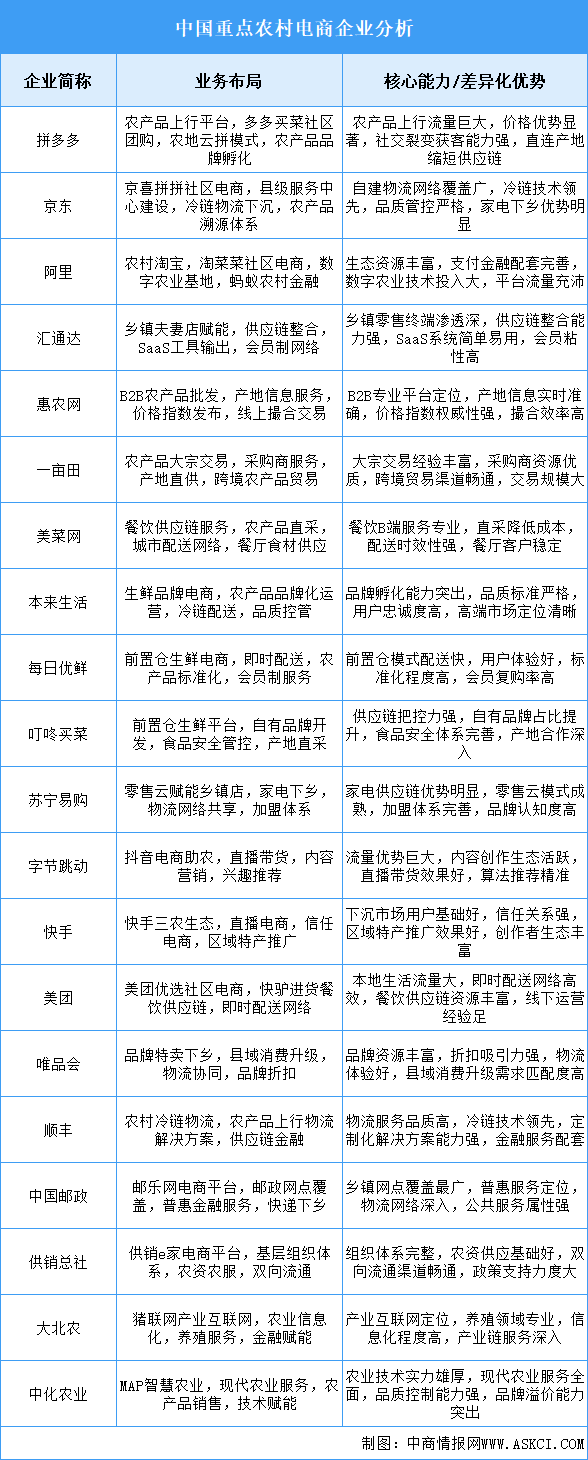 2025年中國(guó)農(nóng)村電商重點(diǎn)企業(yè)業(yè)務(wù)布局分析（圖）