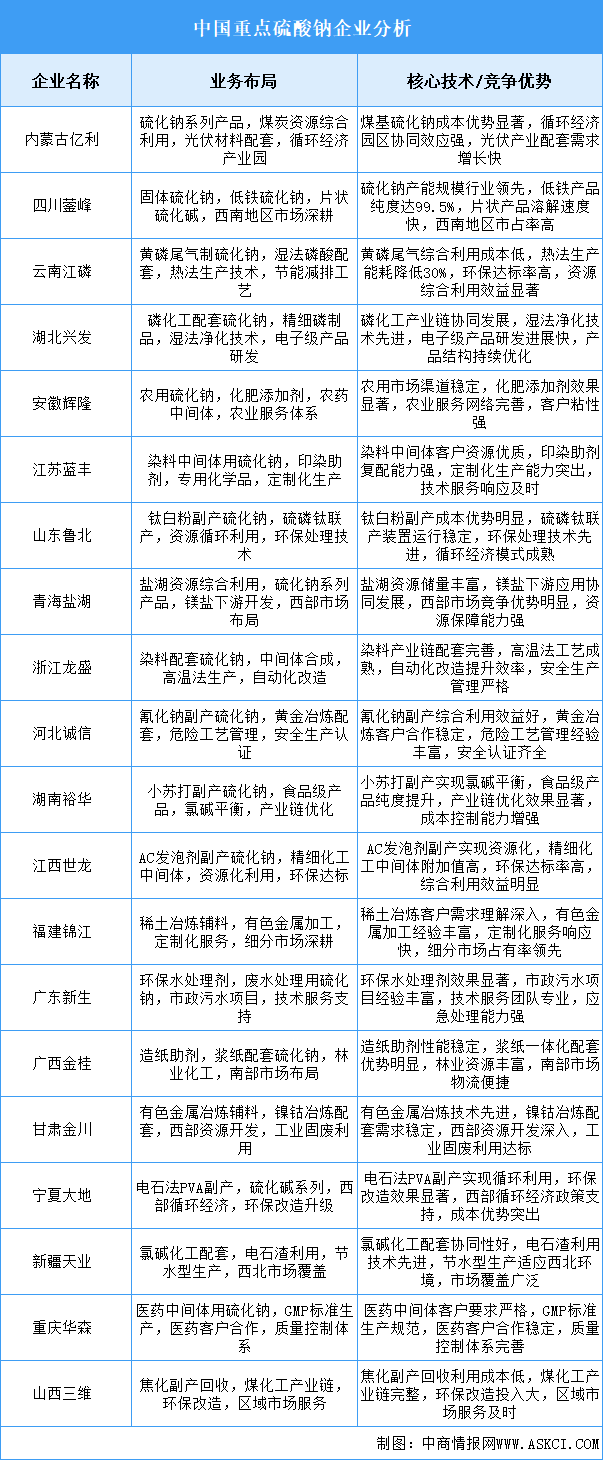 2025年中国硫酸钠重点企业业务布局分析（图）