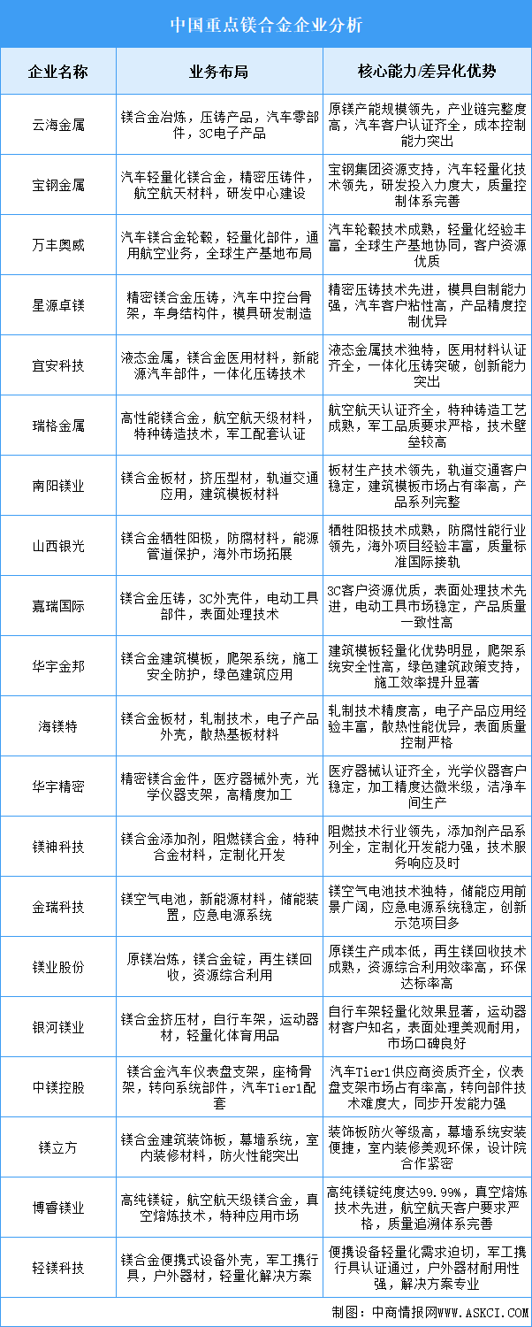 2025年中国镁合金重点企业业务布局分析（图）
