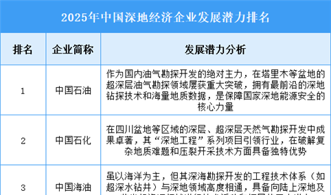 2025年中国深地经济企业发展潜力排名