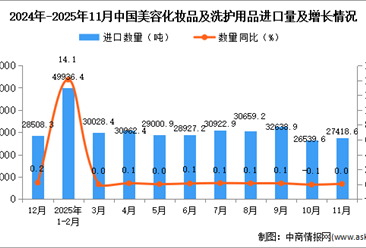 2025年11月中国美容化妆品及洗护用品进口数据统计分析：进口量27418.6吨