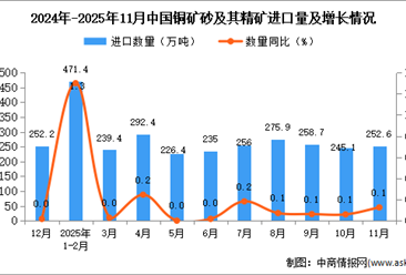 2025年11月中国铜矿砂及其精矿进口数据统计分析：进口量252.6万吨