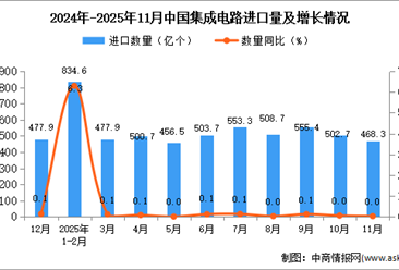 2025年11月中国集成电路进口数据统计分析：进口量468.3亿个