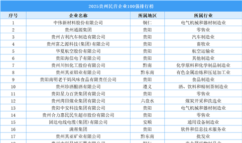 2025贵州民营企业100强排行榜（附完整榜单）