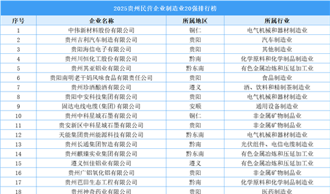 2025贵州民营企业制造业20强排行榜（附完整榜单）