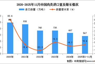 2025年1-11月中国肉类进口数据统计分析：进口量567万吨