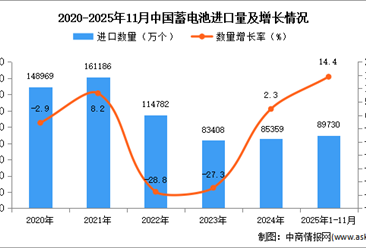 2025年1-11月中国蓄电池进口数据统计分析：进口量89730万个