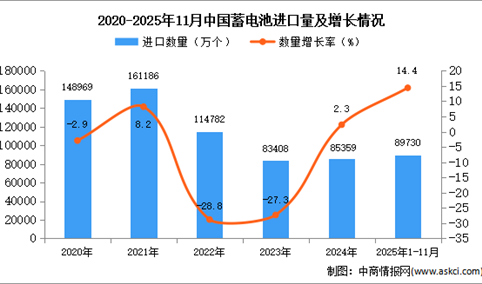 2025年1-11月中国蓄电池进口数据统计分析：进口量89730万个