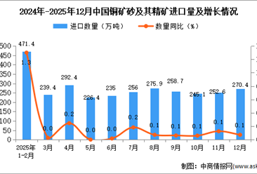 2025年12月中国铜矿砂及其精矿进口数据统计分析：进口量270.4万吨