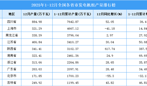 2025年全国各省市发电机组产量排行榜