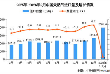 2026年1-2月中国天然气进口数据统计分析：进口量2001.6万吨