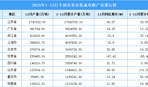2025年全国各省市集成电路产量排行榜