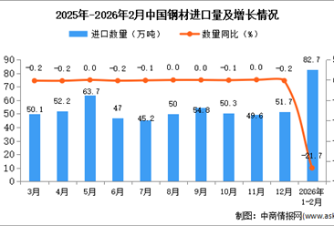 2026年1-2月中国钢材进口数据统计分析：进口量82.7万吨