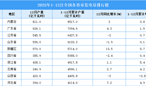 2025年全国各省市发电量排行榜