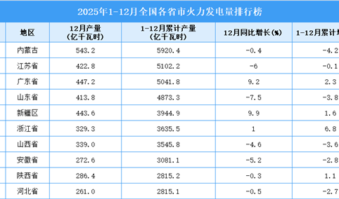2025年全国各省市火力发电量排行榜