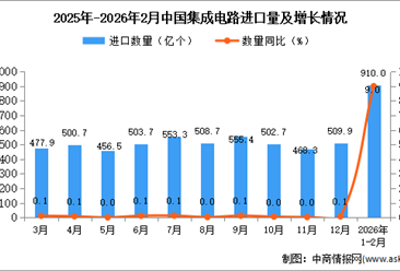 2026年1-2月中国集成电路进口数据统计分析：进口量910亿个
