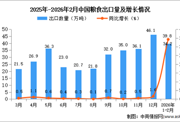 2026年1-2月中国粮食出口数据统计分析：出口量同比增长34.2%