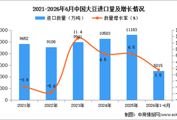 2026年1-6月中国大豆进口数据统计分析：进口量同比增长1.5%