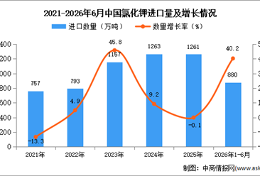 2026年1-6月中国氯化钾进口数据统计分析：进口量同比增长40.2%