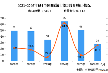 2026年1-6月中国果蔬汁出口数据统计分析：出口量同比增长11.5%