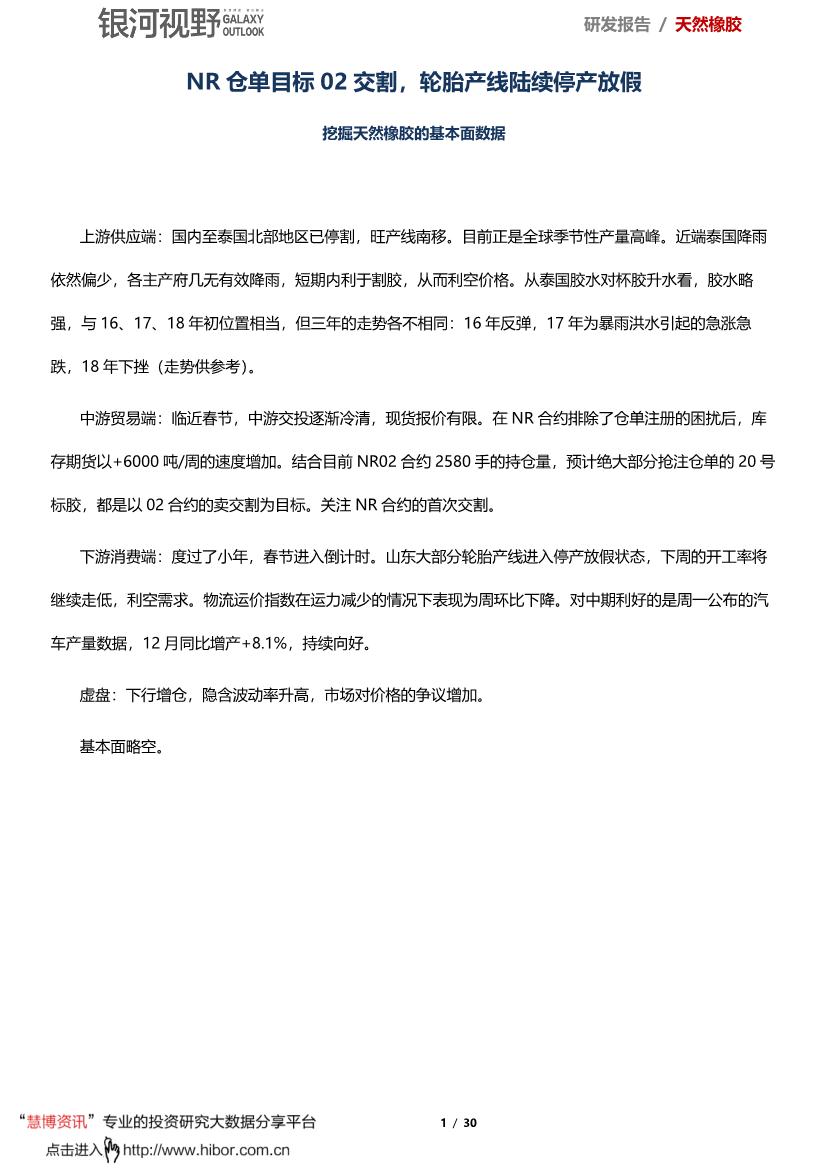 挖掘天然橡胶的基本面数据：NR仓单目标02交割，轮胎产线陆续停产放假