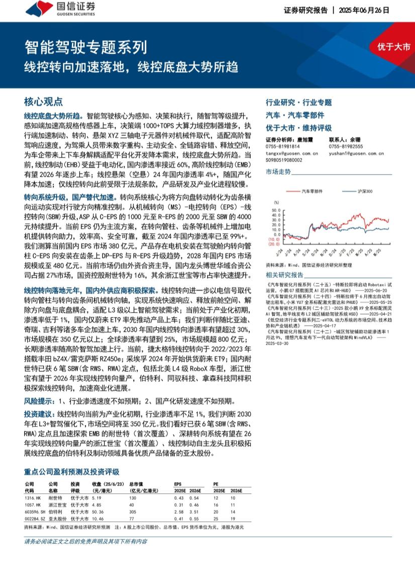 汽车和汽车零部件行业智能驾驶专题系列：线控转向加速落地，线控底盘大势所趋